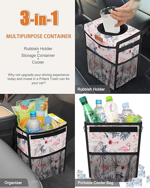 Pritent Car Trash Can with Lid, Cute Leakproof Car Trash Garbage Bag, Hanging Vehicle Trash Bin, Small Portable Automotive Garbage Cans Organizer for Back/Front Seat/Console (2.8 gal, Flamingo Print)