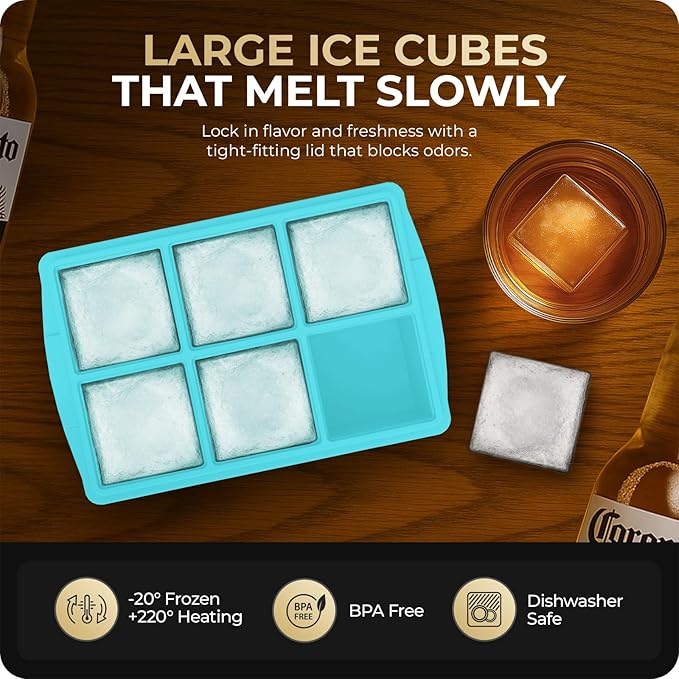 Large Ice Cube Trays for Whiskey, Silicone Ice Cube Tray, with Reinforced Steel Ring Top, Makes 12 perfect 2-in ice cubes, Square Ice Tray for Cocktails, Whiskey, Coffee. (2 Pack)