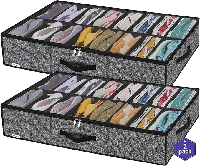 Onlyeasy Sturdy Under Bed Shoe Storage Organizer with Handles and Clear Window, Fits 16 to 32 Pairs, Premium Foldable Shoe Container Box for Closet, 37.7x 23.6x 5.9 inch, Cotton-like Black, MXBUBS16P2