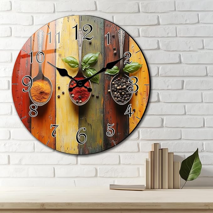 Spice Wall Clock 12 Inch, Vintage Wooden Silent Non Ticking Analog Wall Clock Battery Operated, Decorative Wall Clocks for Bathroom Kitchen Living Room Wall Décor