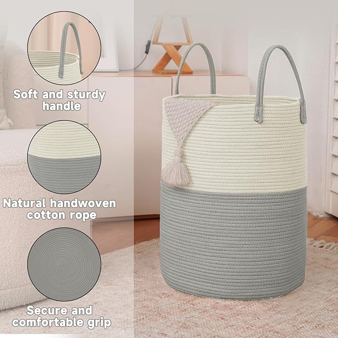 Large Woven Laundry Basket Hamper, 60L Cotton Rope Storage Bin for Blankets, Toys, and Clothes, Decorative Tall Nursery Hamper for Living Room, Baby Nursery, Bathroom, and Bedroom, White and Grey