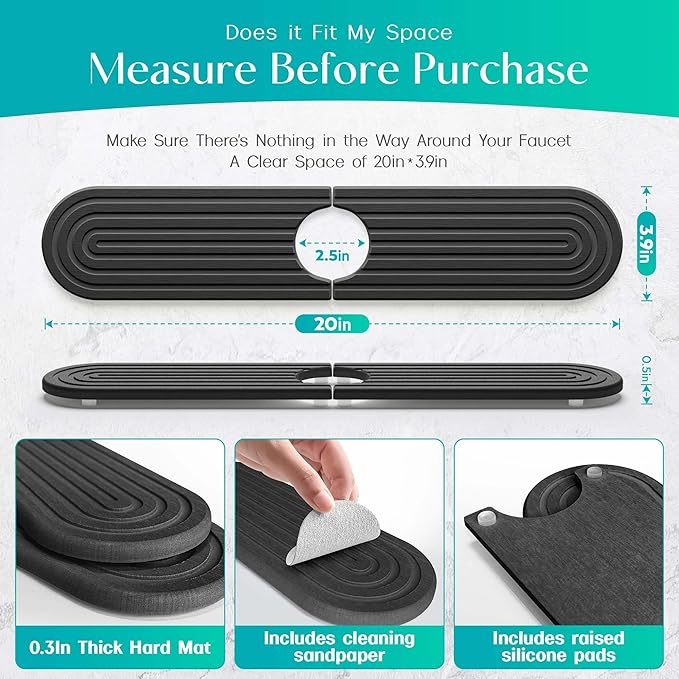 Stone Faucet Mat for Kitchen Sink – Diatomite Fast-Drying Stone Tray, Faucet Mat Sink Splash Guard, Decorative Sink Protector for Kitchen Bathroom Counter (Dark Grey, 20''x3.9'')
