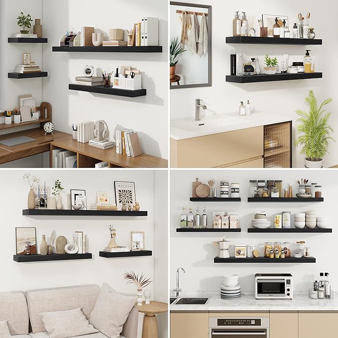 fuqing Floating Shelves for Wall, Wall Mounted Wood Floating Shelf with Invisible Brackets for Living Room, Bathroom, Bedroom, Kitchen Storage and Decor, 6.5 Inch Set of 3, Black