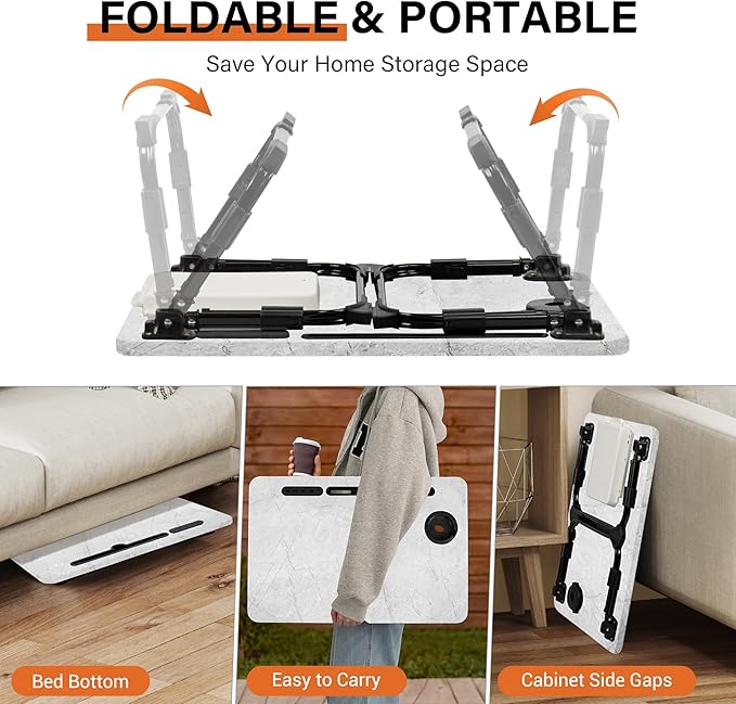 Laptop Desk for Bed Height Adjustable, Lap Bed Table with USB/Storage Drawer/Cup Holder/Tablet Stand/Book Shelf, Foldable Breakfast Tray Portable for Reading Writing, Sofa & Floor, Light Stone Texture