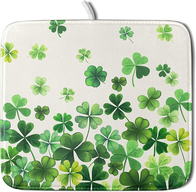 Spring Sage Green Shamrocks Drying Mat 16x18 Inch St. Patrick's Day Irish Shamrock Clover Dish Rack Pad Super Absorbent Dish Drainer Mat Dish Drying Pad Mats Protector for Kitchen Counter Coffee Bar