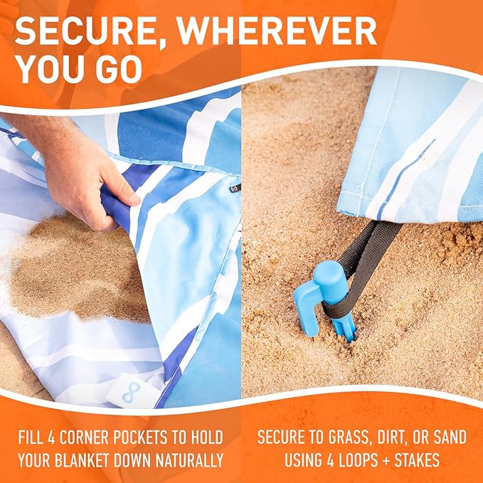 Everlasting Comfort Large Beach Blanket Waterproof & Sandproof - 128” x 108” /10.7ft x 9ft - Lightweight Picnic Mat, Camping Necessities for 10 People - Accessories for Outdoor Festivals - Blue