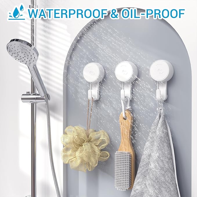 LUXEAR Heavy Duty Waterproof Shower Hooks 6 Pack - Suction Hook, No Drill Damage-Free Removable Reusable Wall Hooks for Bathroom Kitchen Towel Bathrobe Loofah Shower Hooks (Max Load 11LB/5KG)