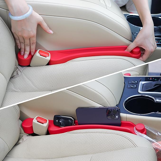 Car Seat Gap Filler Set of 2, 3IN1 Seat Side Gap Filler Plug with Storage Slot & Hook Function, Soft Foam Universal Fit Car SUV Truck Fill Gap Between Seats Console Organizer (Narrow Red)