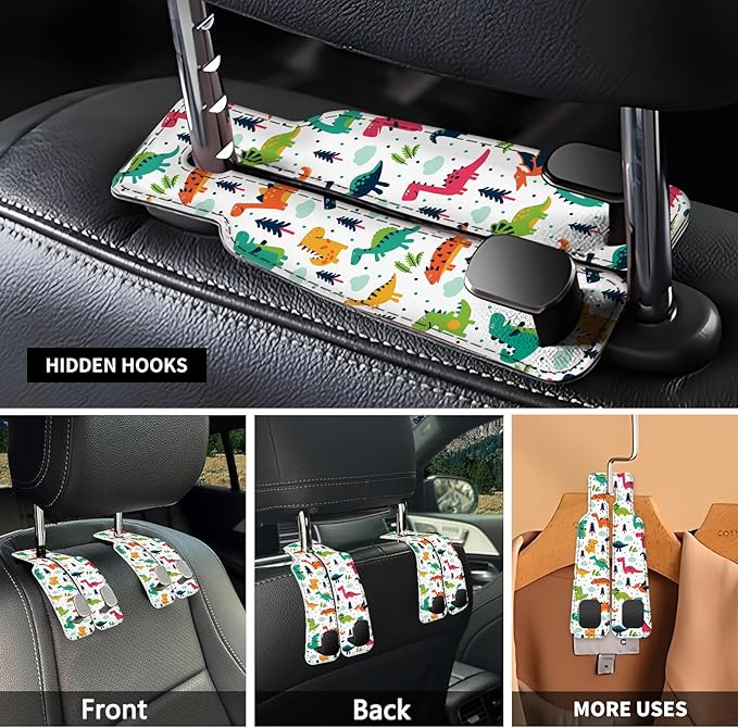 NUGGHU Car Seat Headrest Hook, Universal Leather Cute Hanger Holder Hook, Storage Organizer Interior Accessories for Purse Bags Handbag Colorful Cute Dinosaurs