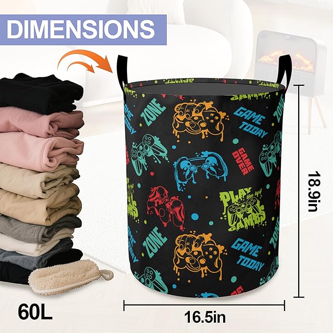 Laundry Basket, Color Game Console Large Canvas Fabric Lightweight Storage Hamper Organizer Dirty Clothes Collapsible Waterproof for College Dorms, Bathroom