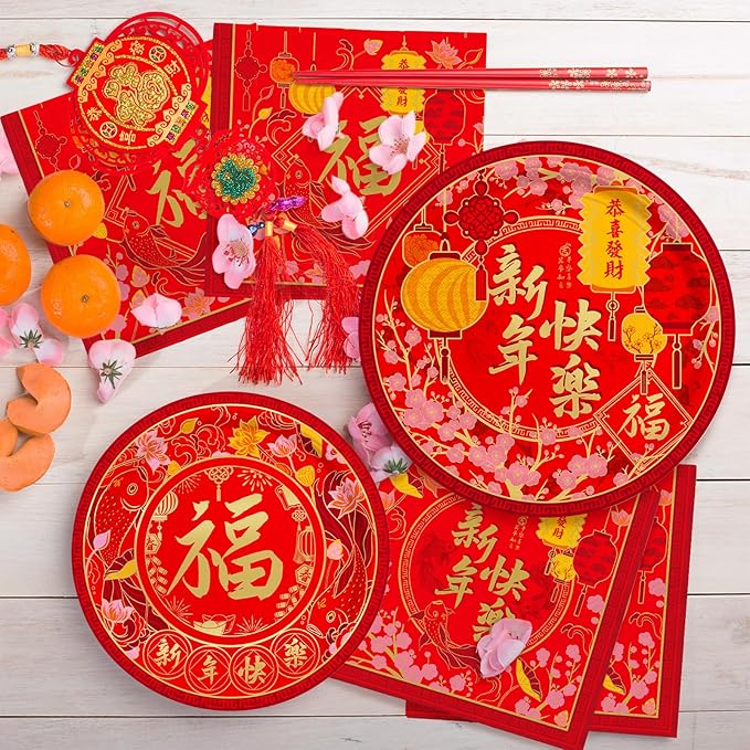Chinese New Year Party Supplies Kit: Happy New Year Design Decorations Set with Disposable Plates, Napkins, Cups, Tablecloth, and Festive Banner - for Lunar New Year Celebrations Serves 25.