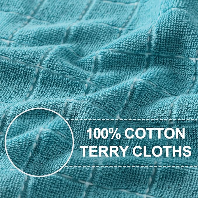 Homaxy 100% Cotton Terry Kitchen Towels(Lake Blue, 13 x 28 inches), Checkered Designed, Soft and Super Absorbent Dish Towels, 8 Pack