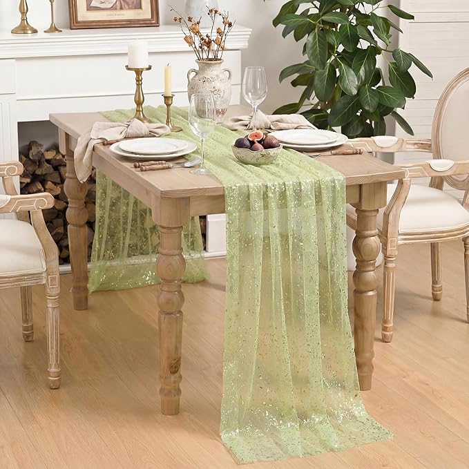 Horaldaily Sage Green Gauze Tablecloth 60x60 Inch Square, Golden Sequin Glitter Metallic Foil, Sheer Tulle Cheesecloth for Wedding Baby Shower Ceremony Birthday