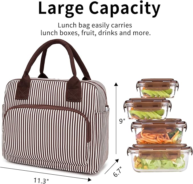 Lunch Bag Women Lunch Box for Women Adult Cute Insulated Lunch Bag Lager Cooler Lunch Tote Bags for Work Picnic (Coffee Stripes)