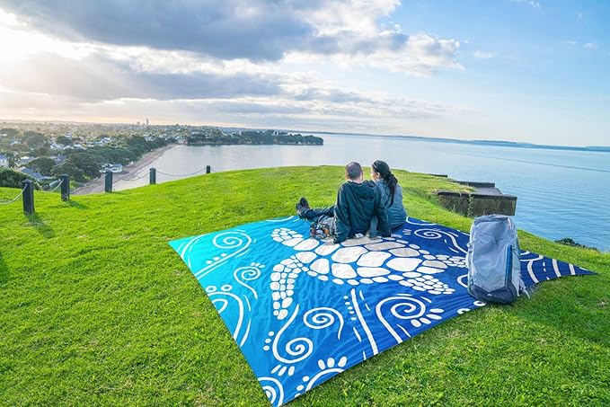 WEKAPO Beach Blanket Waterproof Sandproof Oversized Extra Large Sand Free Beach Mat with Stakes, Storage Bag - Essentials for Outdoor Beach, Picnic (Gradient Blue Sea Turtle, 11 X 9 FT (1~10 Person))
