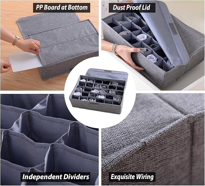 AARAINBOW 2 Packs Underwear Socks Ties Storage Organizer with Lids Foldable Closet Drawer Organizer 60 Cells, Fabric Drawer Wardrobe Divider Storage Boxes for Scarves and Lingerie (30 Cell, 2 Beige)