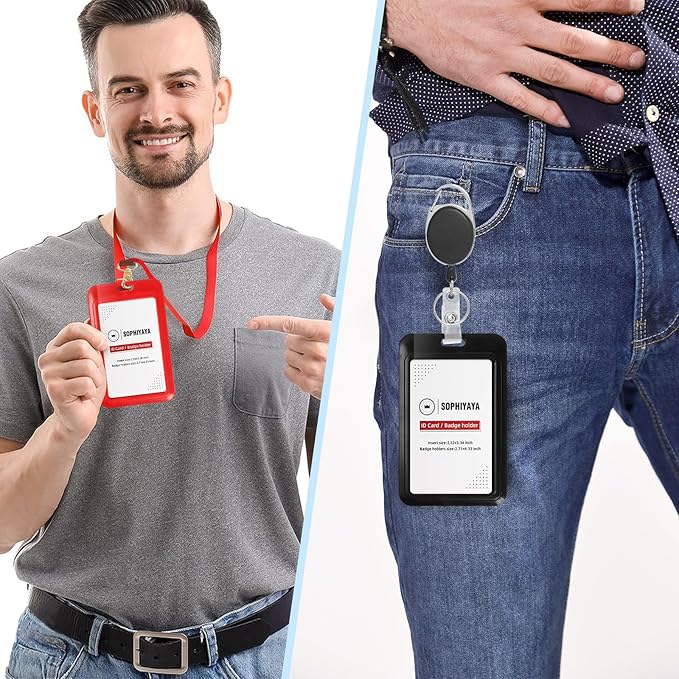 Badge Holder and Retractable Reel, ID Badge Holders with Retractable Clip for Office Factory Teacher Student Women Men (Red, Double Sided)