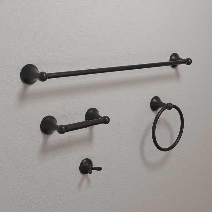 BGL Bathroom Accessory Set, Matte Black Adjustable Expandable Towel Bar 4-Piece Bathroom Hardware Set Wall Mounted Robe Hook Toilet Paper Holder Towel Ring Towel Bar
