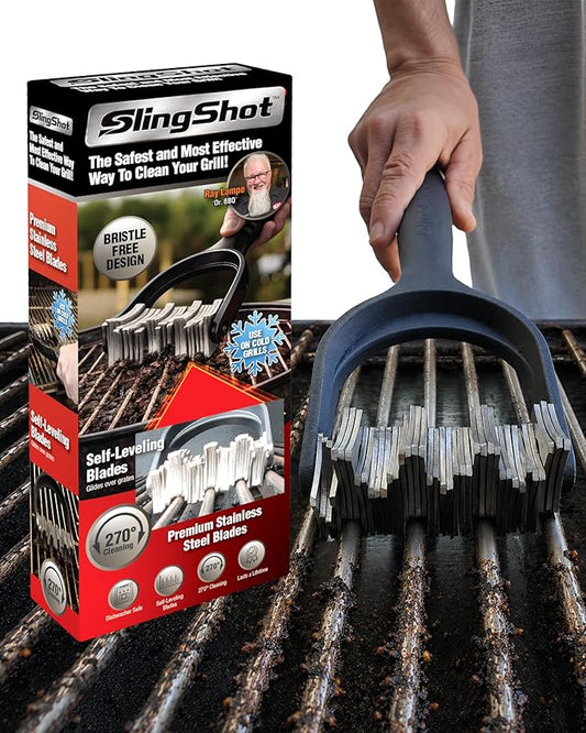 Slingshot Grill Cleaner- Bristle-Free BBQ Tool for Outdoor Grates, Heavy Duty Grill Scrubber, Stainless Steel Blades, Cold Grill Cleaning Accessory for Grilling Maintenance