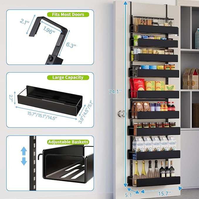 Over The Door Pantry Organizer - 9-Tier Hanging Spice Rack with Metal Shelving for Kitchen Pantry Organization and Storage, Black