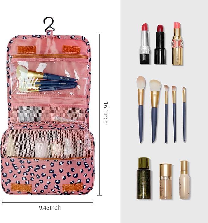 Lcsmaokin Large Capacity Toiletry Bag Travel Bag with Hanging Hook for Men and Women Waterproof Travel Cosmetic Bag Bathroom Storage Bag for Brushes Set,Full-Sized Shampoo,Accessories-Pink Leopard