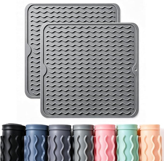 CAKETIME 2 Pack Silicone Dish Drying Mat for Kitchen Counter Coffee Bar Accessories Heat Resistant Waterproof Dining Under Sink Organizers Utensil Holder Decor Must Haves 12"x12" Gray