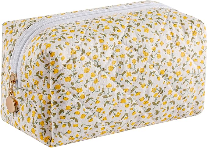 HHQQWZ Makeup Bag Travel Cosmetic Bag for Women Girls, Zipper Make Up Pouch, Floral Flowers Toiletry Organizer Makeup, Portable Storage Cosmetic Travel Cloth Bag (Yellow Floral)