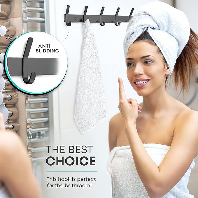 Matte Black Coat Rack Wall Mount – 17 Inch Stainless Steel Hook Rail with 6 Double Coat Hooks – Wall Mounted Entryway Organizer for Coats, Hats, Bags, Towels, Robes, Closet or Bathroom - 4 Pack