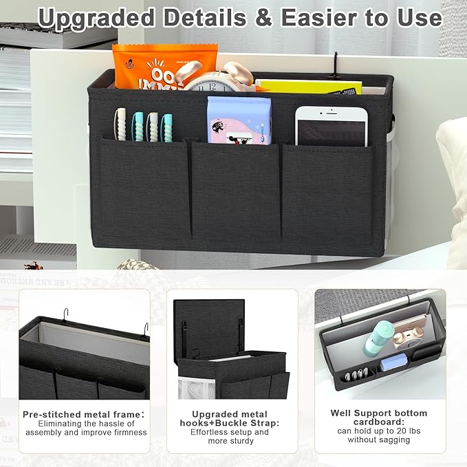 Dual-purpose Bedside Caddy Bedside Organizer, Bed Caddy with 6 Pockets, Versatile Bedside Storage Solution Magazine Remotes holder, ideal for Home, Dorm, Hospital, Crib Bed (Black)