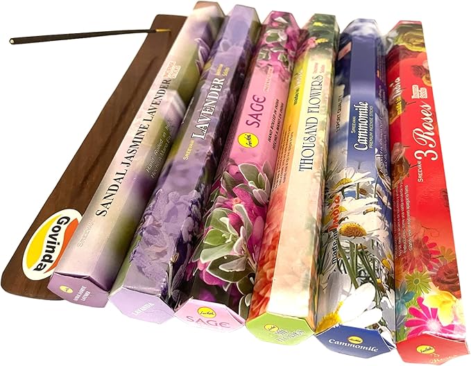Sreevani Incense Sticks Variety Pack #12 and Incense Stick Holder Bundle Gift Set with 6 Flower #2 Theme Fragrances
