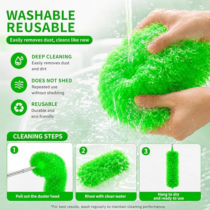 Duster for Cleaning High Ceiling Fan (Green), AzunMicrofiber Feather Duster with 30" to 100" TelescopingExtension Pole, Long Extendable Duster for Home CarFurniture Cobweb