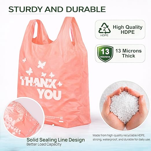 PINK Thank you bags, 50PCS T shirt bags, To Go Bags,Grocery bags, Reusable and Disposable,Perfect for Small Business,Take Out,Retails,11 inchx6 inchx21 inch(50),Large