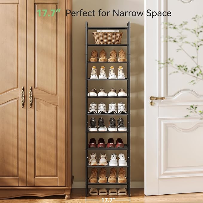 Narrow Shoe Rack, 10-Tier Metal Shoe Organizer,Tall Shoe Shelf with Anti-Tip Strap, Max Holds 20 Pairs,Space Saving for Closet,Entryway,Black