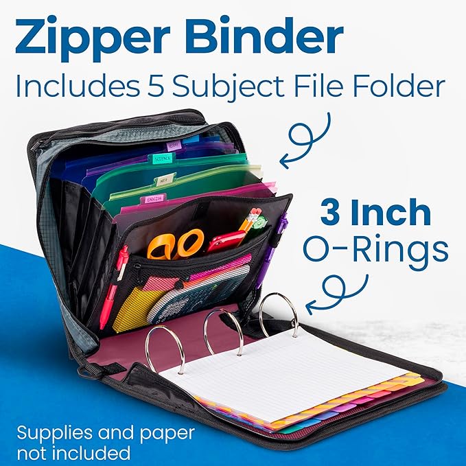 Case-it Mighty Zip Tab School Zipper Binder | 3-Inch O-Rings, 600-Sheet Capacity, 5-Subject Expanding File Folder, Multiple Pockets & Storage Organizer, Shoulder Strap | D-146 Red Burgundy