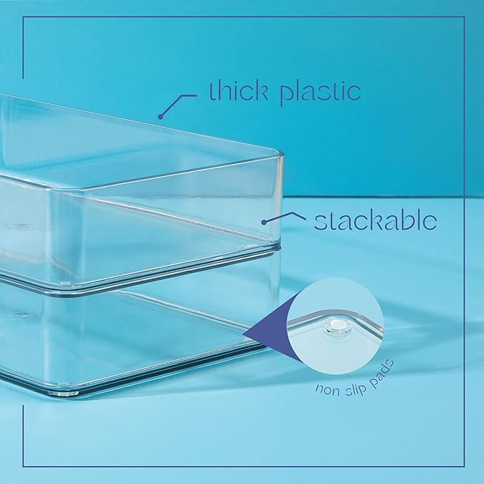 primebox Plastic Clear Drawer Organizers. Bathroom, Kitchen, Bedroom, Gadgets, Office Organizer Bins, Storage Trays. Heavy Duty, Stackable. 12" x 3" x 2" Set of 6