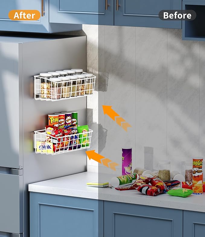 2PCS Magnetic Spice Rack for Refrigerator, Versatile Magnetic Shelf Organizer with 2 Hooks for Kitchen Storage, Large Capacity Spice Rack for Fridge, Oven - White