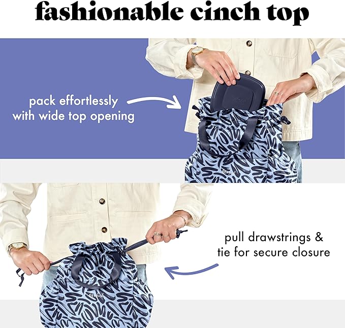Fit & Fresh Cromwell Drawstring Lunch Bag for Women, Complete Lunch Set with 4 Containers, Stain-Resistant, Leak-Resistant, Back to School Essential, Teacher Lunchbox, Navy Brush Strokes