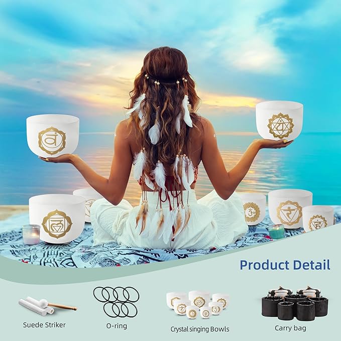 Ryan Dvan 432Hz 7-12 Inch 7 Gold Chakra Design Crystal Singing Bowl Set Frosted Quartz Crystal Sound Therapy Kit with Mallets 2 Cases O-Ring for Yoga Meditation Energy Balancing Reiki Healing