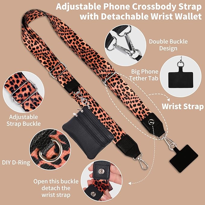 PUGPIU 2 Pack Clip and Go Strap for Phone with Wallet Crossbody - Phone Strap Crossbody with Zippered Pouch, Multifuctional Adjustable Cell Phone Lanyard for Going out