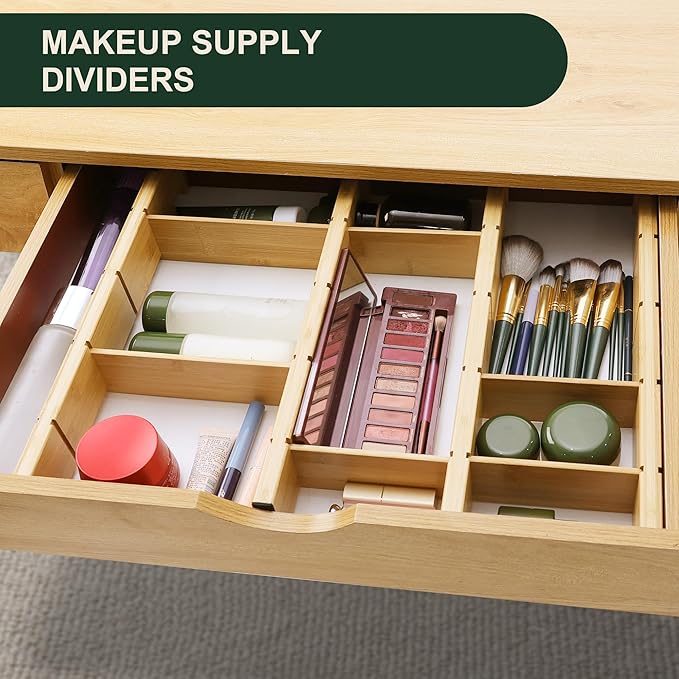 Utoplike 4 PCS Bamboo Kitchen Drawer Dividers with Inserts (Fits 15"-17.7" Drawer Inner Size), Adjustable Drawer Organizers for Socks, Spring Loaded, for Bedroom, Dresser, Bathroom