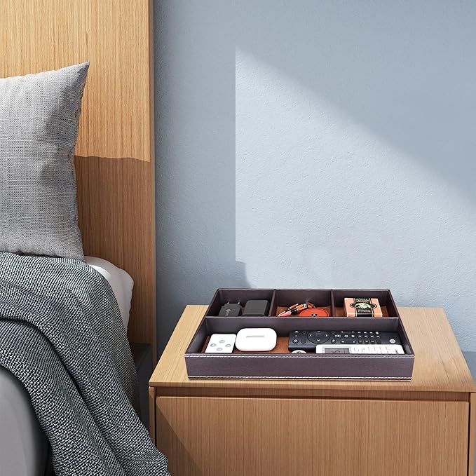 GORESE Faux Leather Valet Tray for Men, Stackable Jewelry Organizer for Drawers Inserts, Nightstand Caddy Tray for Key, Wallet, Sunglass, Watch, Coin, Phone, Bedside Desktop Storage Brown