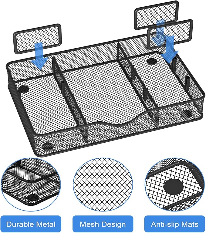 Desk Drawer Organizer, Metal Mesh Drawer Organizer Tray with 6 Adjustable Compartments, Tray Organizer for Desktop, Kitchen, Bathroom, Makeup, Vanity - 14.5x8.8x1.96 inch, Black, 1PC Large