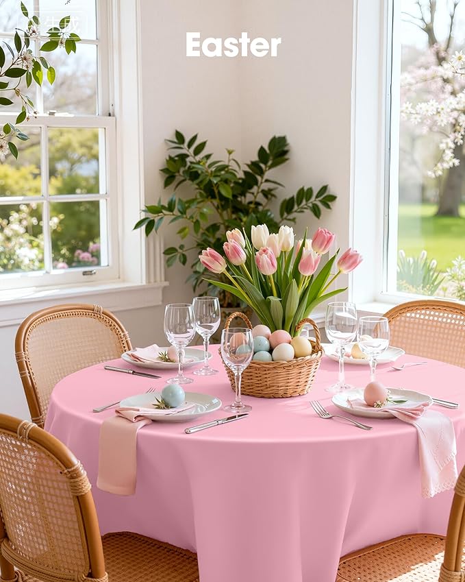 Pureegg Plastic Table Cloth Disposable 10 Pack, 84'' Round Table Cloths, Easter Party, Valentines, Mothers Day Decorations, Tablecloths, Round, Pastel Plastic Cover, Leakproof & Sturdy, Pink