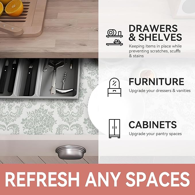 RAY STAR Shelf Liner, Non Adhesive Sage Green Damask Floral Kitchen Cabinet Liner for Pantry Drawer Pantry, Non Slip Waterproof, Shelf Liners for Kitchen Cabinets Cupboard 12 Inch x 10 FT (2 Rolls)