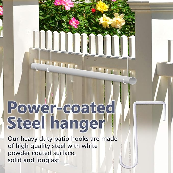 JOYSEUS 24pcs Vinyl Fence Hooks, 2 x 6 Inches Patio Hooks, White Powder Coated Steel Fence Hooks Hangers for Hanging Plants, Lights, Pool Equipment
