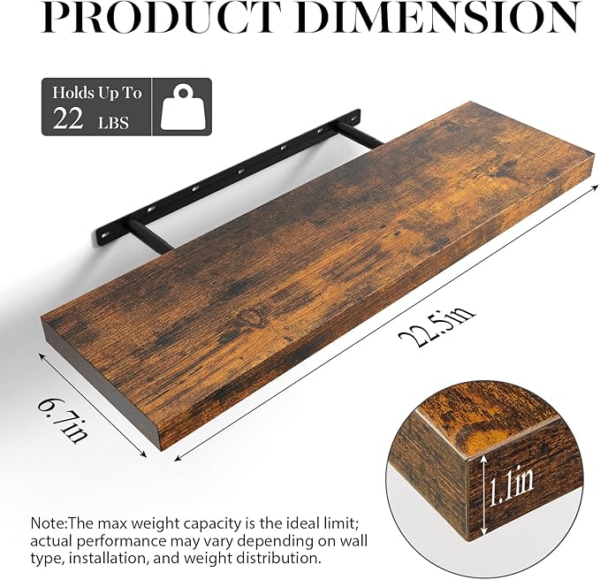 BAYKA Floating Shelves for Wall, 22.5 Inch Rustic Wood Wall Mounted Shelving for Bathroom, Bedroom, Living Room, Kitchen & Book, Hanging Display Decor Shelf with 22 lbs (Rustic Brown, Set of 3)