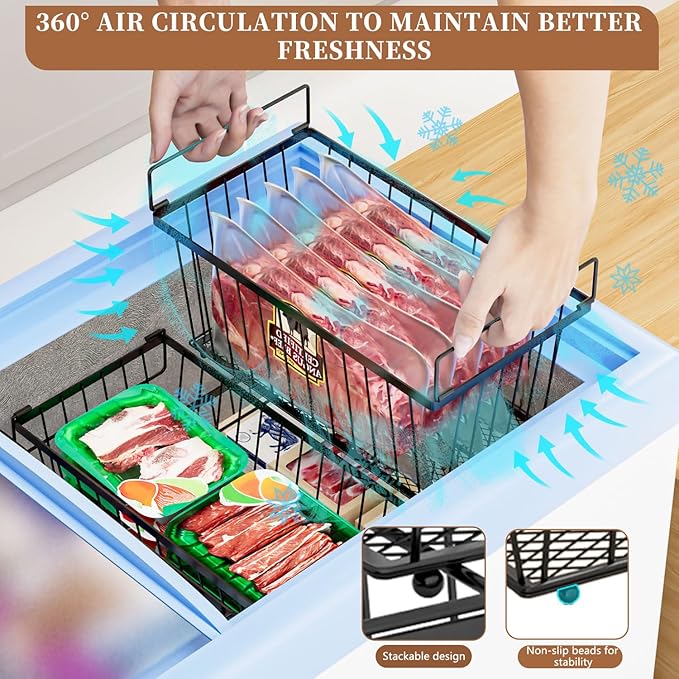 ANJUBAN Enhanced Leak-Proof Bottom - Freezer Organizer Bins ，6 Pack Stackable Deep Freezer Organizer Bins for 7 Cu.FT Small Chest Freezer，organization and storage，pantry organizers(6 Pack-black)