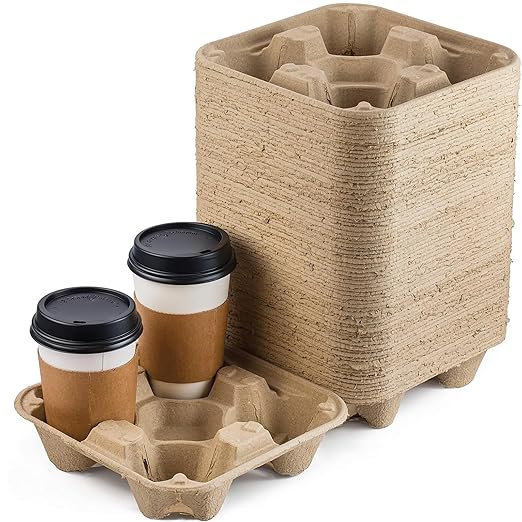 FMP Brands 4 Cup Disposable Drink Carrier Trays, 45 Pack Compostable Pulp Fiber Cup Holder for 8-32 oz Cups, Durable To Go Coffee Cup Holders for Delivery Service, Uber Eats