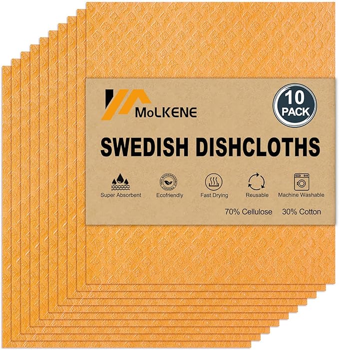 MoLKENE Swedish Dishcloths - 10 Pack Reusable Kitchen Dishcloths - Ultra Absorbent Dish Towels for Washing Dishes - Cellulose Sponge Cloth Cleaning Cloths - Orange