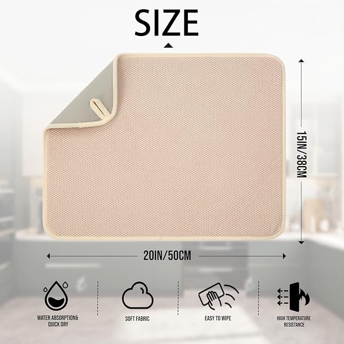 VESHE 2 Pack Microfiber Dish Drying Mat for Kitchen Counter, Ultra Absorbent Dish Drainer Mat, Dish Drying Pad, Dish Rack Mat 20×15 Inch (Beige)